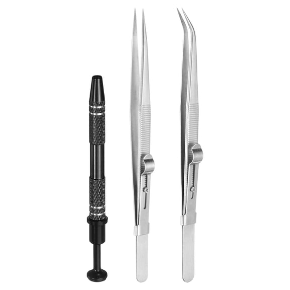 Uxcell 3pcs Stainless Steel Diamond Tweezer 4 Claw Pick Up Tool Set, Silver/Black