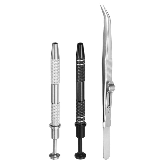 Uxcell 3pcs Stainless Steel Diamond Elbow Tweezer 4 Claw Pick Up Tool Set, Silver/Black