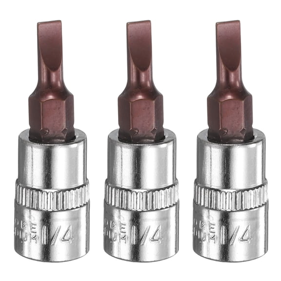 Uxcell 3pcs FD4 Slotted Bit Socket 1/4" Square Drive Flat Head Extension Impact Bit Power Nut Driver Set S2 & CR-V Steel Socket Ratchet Wrench Bits, Silver Red