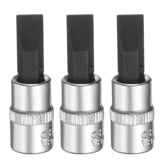 Uxcell 3pcs FD7 Slotted Bit Socket 1/4" Square Drive Flat Head Extension Impact Bit Power Nut Driver Set S2 & CR-V Steel Socket Ratchet Wrench Bits, Silver Black