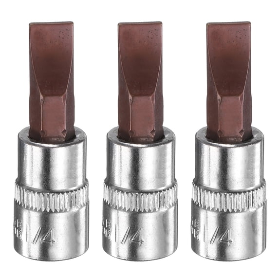 Uxcell 3pcs FD7 Slotted Bit Socket 1/4" Square Drive Flat Head Extension Impact Bit Power Nut Driver Set S2 & CR-V Steel Socket Ratchet Wrench Bits, Silver Red