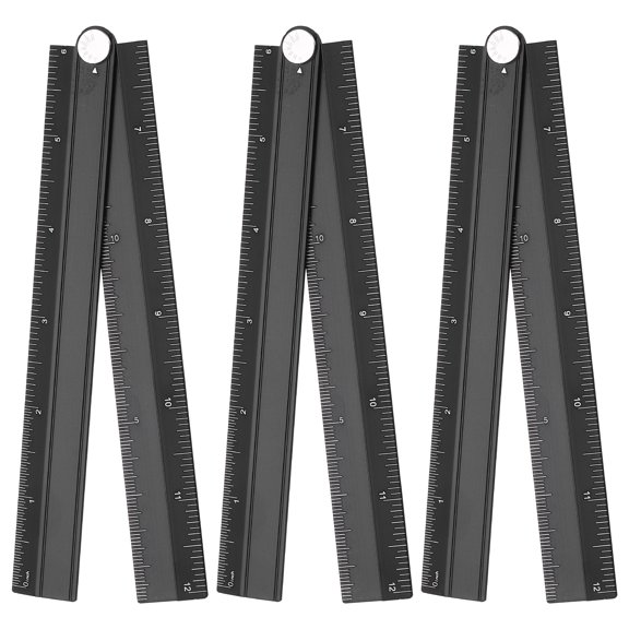 Uxcell 3pcs Folding Straight Ruler 12" SAE Aluminum Alloy Protractor Foldable Angle Ruler Geometric Measuring Tool with Angle Line for Architects Artists Designers Classroom Office, Black