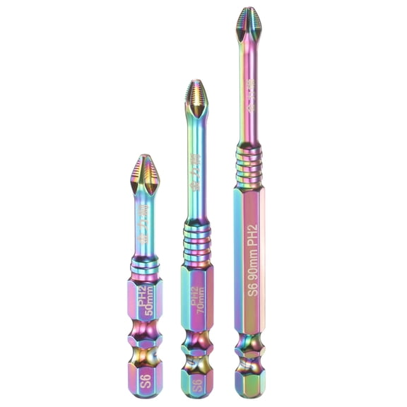Uxcell 3pcs Impact Phillips Screwdriver Bit Set PH2 (#2) Anti Slip Teeth Tip 1/4" Hex Shank 2"/2.8"/3.5" (50mm/70mm/90mm) Long Magnetic Cross Screw Driver Drill Bits