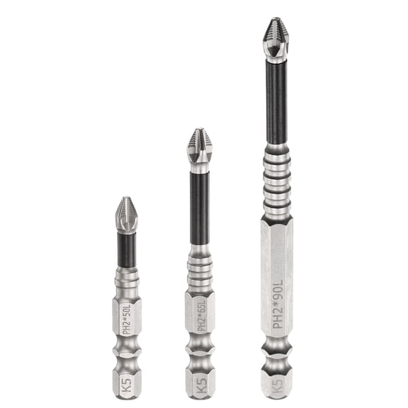 Uxcell 3pcs Impact Phillips Screwdriver Bit Set PH2 (#2) Anti Slip Tip 1/4" Hex Shank 2"/2.6"/3.5"(50mm/65mm/90mm) Long Magnetic Cross Screw Driver Drill Bits