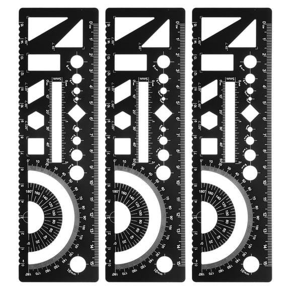Uxcell 3pcs Multifunctional Geometric Rulers 15cm Metric and SAE Aluminum Straight Edge Protractor Angle Math Measuring Ruler Geometric Drawings Templates for Drawing Drafting, Black