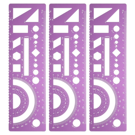 Uxcell 3pcs Multifunctional Geometric Rulers 15cm Metric and SAE Aluminum Straight Edge Protractor Angle Math Measuring Ruler Geometric Drawings Templates for Drawing Drafting, Rose