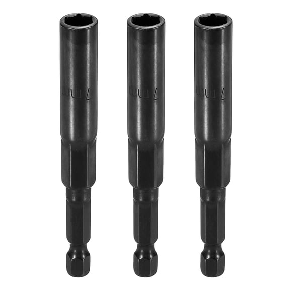Uxcell 3pcs Nut Driver Drill Bit 7mm Metric Socket 1/4" Hex Shank 3.15" (80mm) Extra Long 6-Point Sockets Quick Change Cr-V Steel Bolt Setters for Power Drill Drivers, Black