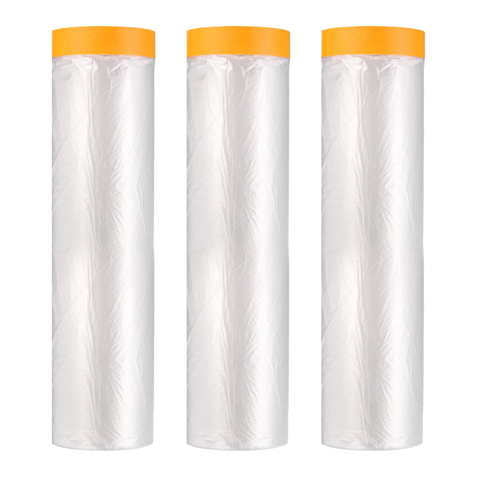 Uxcell 3pcs Pre-Taped Masking Film 110.2"x65ft Adhesive Tape and Drape Painters Plastic Drop Cloth Film with Tapes Plastic Sheeting for Automotive Painting Covering, Clear