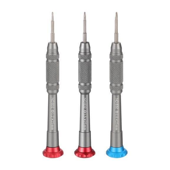 Uxcell 3pcs Precision Phillips Screwdriver Set 1.2/1.5/2mm S2 Steel Magnetic Phillips Mini Pen Screw Driver with Aluminium Handle for Eyeglasses Watch Laptop, Silver(Blue)/Silver(Red)