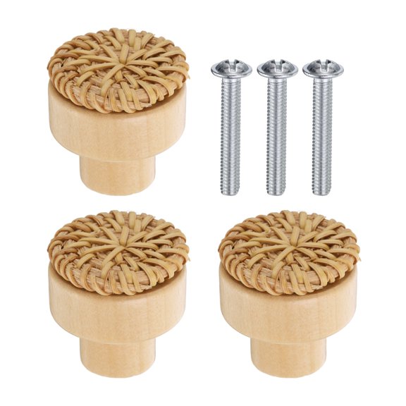 Uxcell 3pcs Rattan Knobs Round Wooden Dresser Knob with Screws, Wood Color
