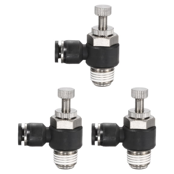 Uxcell 3pcs SL1/4-NPT1/4 Air Flow Control Valve Push to Connect Fitting 1/4 Inch OD 1/8 Inch NPT 90 Degree Elbow Air Hose Control Valve Fitting Push Lock, Black