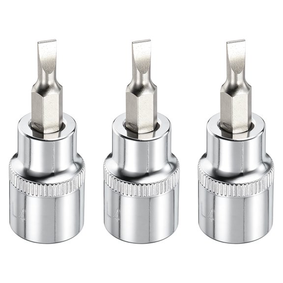 Uxcell 3pcs SL4 Slotted Bit Socket 4mm Metric Slotted Tip 3/8" Drive 2" (48mm) Long CR-V Steel Screw Driver Drill Bit Socket Wrench for Flat Head Screws Bolts