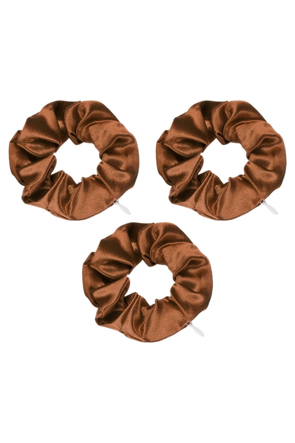3pcs Scrunchies with Pocket Zipper (2 Inch) - Silk Satin Scrunchie Hair Ties & Elastic Hair Bands, for Girls Women Ponytail Accessories Holder Coins Keys, Brown