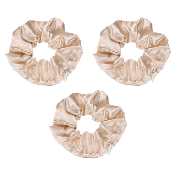 Uxcell 3pcs Scrunchies with Pocket Zipper (2 Inch) - Silk Satin Scrunchie Hair Ties & Elastic Hair Bands, for Girls Women Ponytail Accessories Holder Coins Keys, Champagne