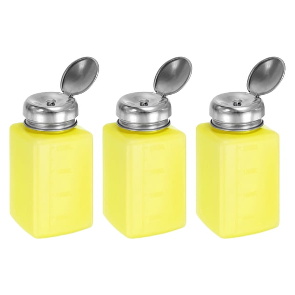 Uxcell 3pcs Solvent Alcohol Dispenser 200ml(6.7oz) Push Down Liquid Dispenser Pump Bottle Stainless Steel Lid, Yellow