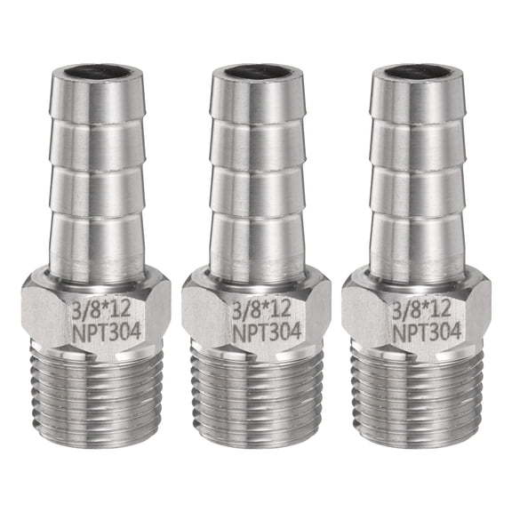 Uxcell 3pcs Stainless Steel Hose Barb Fitting 12mm Barbed x 3/8" NPT Male Pipe Fitting
