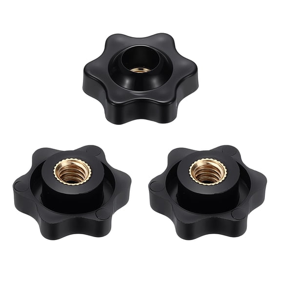 Uxcell 3pcs Star Knobs 1/4" Female Thread 25mm 6-Point Plastic Head Brass Insert Through Hole Screw-in Threaded Knob Hand Tightening Clamping Handles, Black