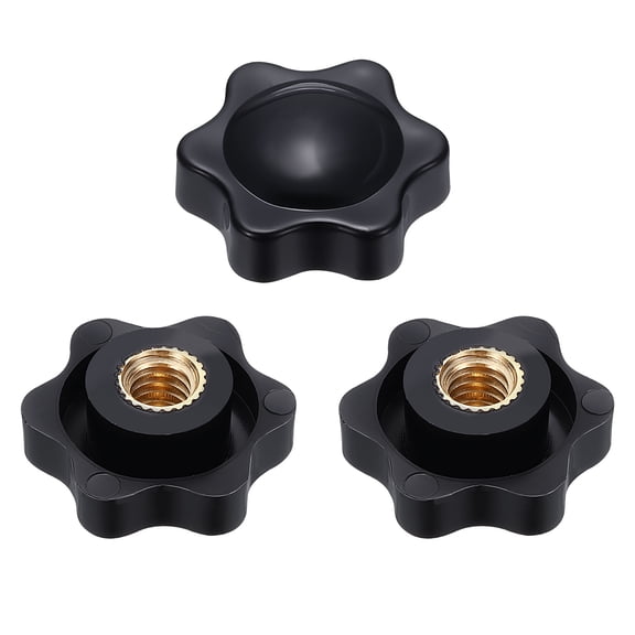 Uxcell 3pcs Star Knobs 1/4" Female Thread 25mm 6-Point Plastic Head Brass Insert Non-Through Hole Screw-in Threaded Knob Hand Tightening Clamping Handles, Black