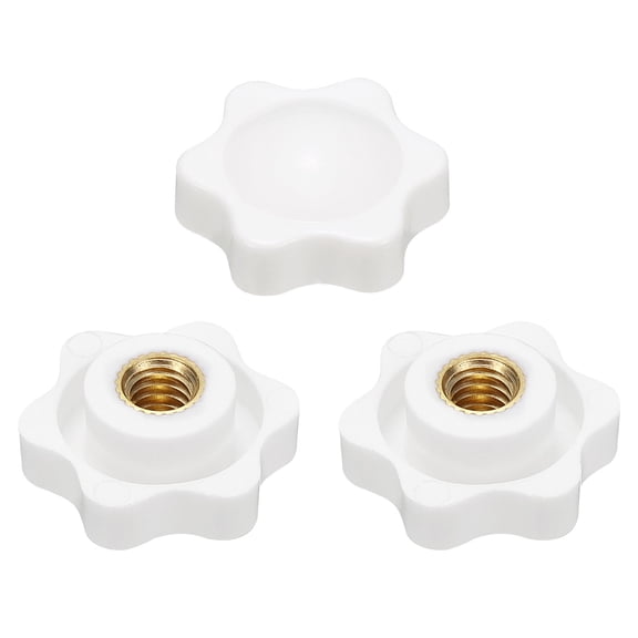 Uxcell 3pcs Star Knobs 1/4" Female Thread 25mm 6-Point Plastic Head Brass Insert Non-Through Hole Screw-in Threaded Knob Hand Tightening Clamping Handles, White