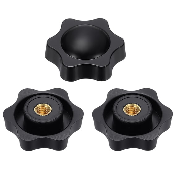 Uxcell 3pcs Star Knobs 1/4" Female Thread 38mm 6-Point Plastic Head Brass Insert Non-Through Hole Screw-in Threaded Knob Hand Tightening Clamping Handles, Black