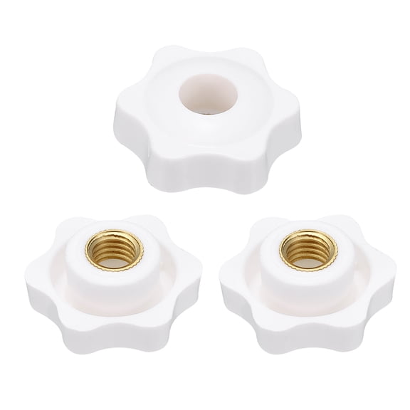 Uxcell 3pcs Star Knobs M10 Female Thread 38mm 6-Point Plastic Head Brass Insert Through Hole Screw-in Threaded Knob Hand Tightening Clamping Handles, White