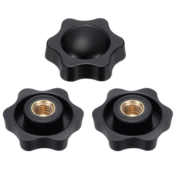 Uxcell 3pcs Star Knobs M10 Female Thread 38mm 6-Point Plastic Head Brass Insert Non-Through Hole Screw-in Threaded Knob Hand Tightening Clamping Handles, Black