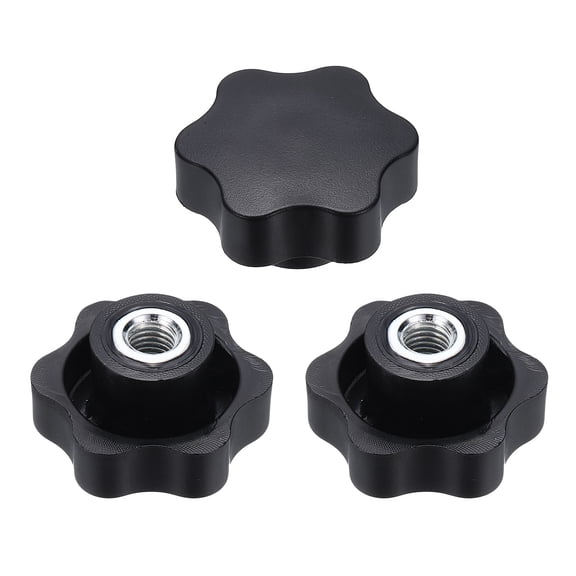 Uxcell 3pcs Star Knobs M10 Female Thread 48mm 6-Point Plastic Head Iron Insert Non-Through Hole Screw-in Threaded Knob Hand Tightening Clamping Handles, Black