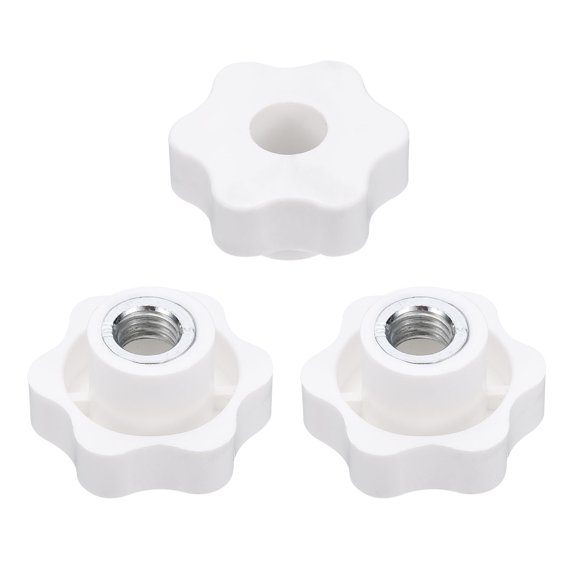Uxcell 3pcs Star Knobs M12 Female Thread 48mm 6-Point Plastic Head Iron Insert Through Hole Screw-in Threaded Knob Hand Tightening Clamping Handles, White