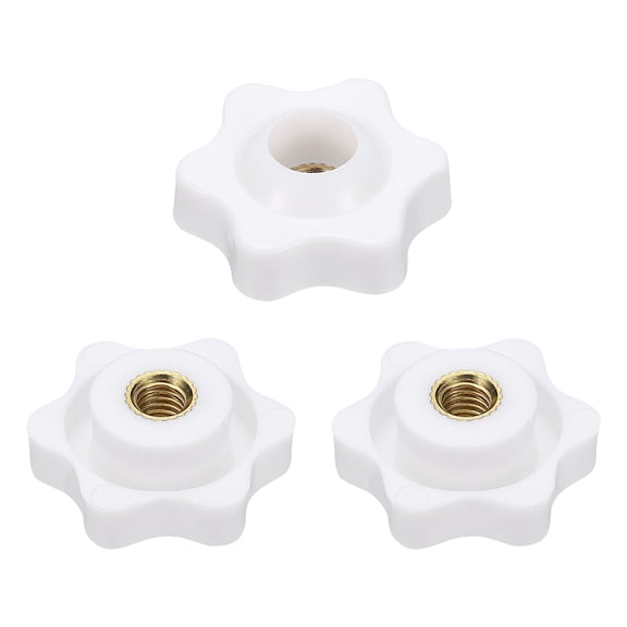 Uxcell 3pcs Star Knobs M5 Female Thread 25mm 6-Point Plastic Head Brass Insert Through Hole Screw-in Threaded Knob Hand Tightening Clamping Handles, White