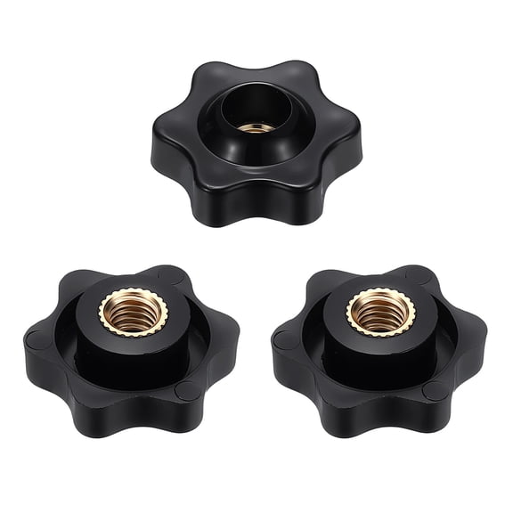 Uxcell 3pcs Star Knobs M6 Female Thread 25mm 6-Point Plastic Head Brass Insert Through Hole Screw-in Threaded Knob Hand Tightening Clamping Handles, Black
