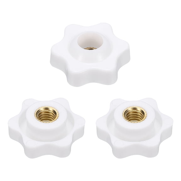 Uxcell 3pcs Star Knobs M6 Female Thread 25mm 6-Point Plastic Head Brass Insert Through Hole Screw-in Threaded Knob Hand Tightening Clamping Handles, White
