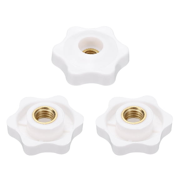 Uxcell 3pcs Star Knobs M8 Female Thread 32mm 6-Point Plastic Head Brass Insert Through Hole Screw-in Threaded Knob Hand Tightening Clamping Handles, White