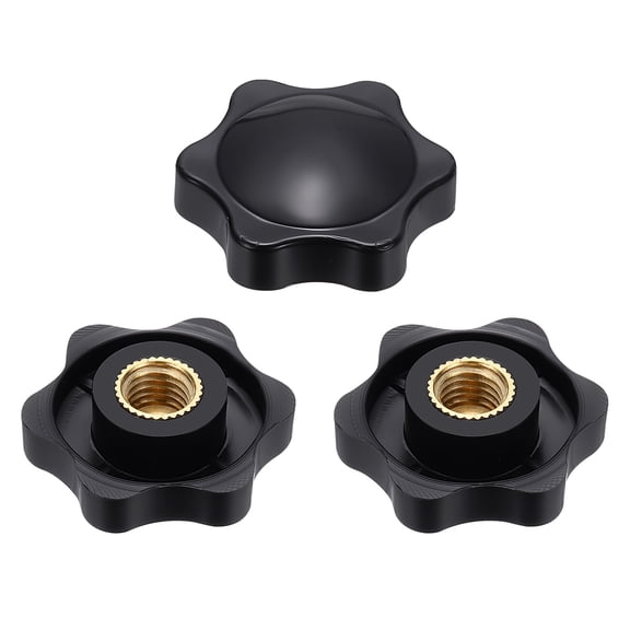 Uxcell 3pcs Star Knobs M8 Female Thread 32mm 6-Point Plastic Head Brass Insert Non-Through Hole Screw-in Threaded Knob Hand Tightening Clamping Handles, Black