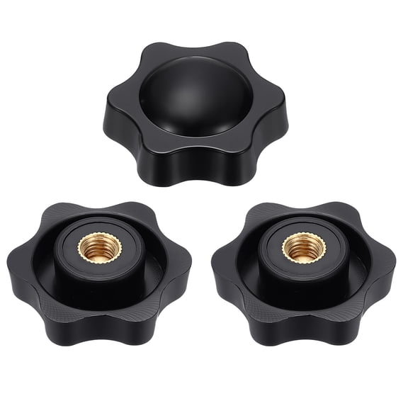 Uxcell 3pcs Star Knobs M8 Female Thread 38mm 6-Point Plastic Head Brass Insert Non-Through Hole Screw-in Threaded Knob Hand Tightening Clamping Handles, Black
