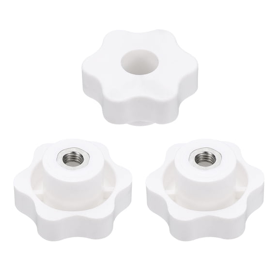 Uxcell 3pcs Star Knobs M8 Female Thread 48mm 6-Point Plastic Head Iron Insert Through Hole Screw-in Threaded Knob Hand Tightening Clamping Handles, White