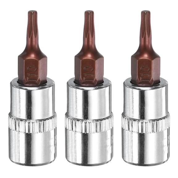 Uxcell 3pcs T10 Torx Bit Socket 1/4" Square Drive Star 6 Point Extension Impact Bit Power Nut Driver Set S2 & CR-V Steel Socket Ratchet Wrench Bits, Silver Red