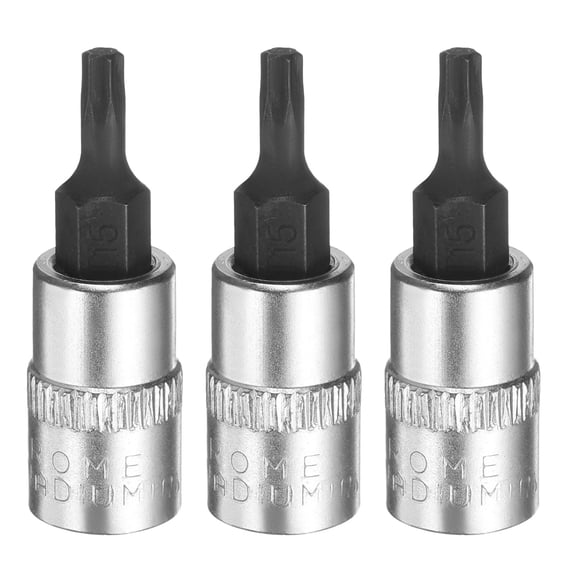 Uxcell 3pcs T15 Torx Bit Socket 1/4" Square Drive Star 6 Point Extension Impact Bit Power Nut Driver Set S2 & CR-V Steel Socket Ratchet Wrench Bits, Silver Black