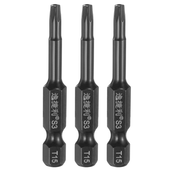 Uxcell 3pcs T15 Torx Screwdriver Bit 1/4" Hex Shank 50mm/2" Length S3 Steel Magnetic Tamper Proof Star 6 Point Head Hex Screw Driver Bits, Black