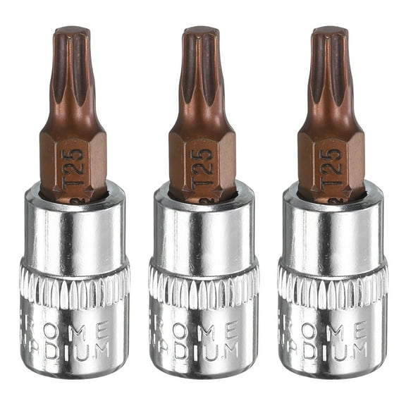 Uxcell 3pcs T25 Torx Bit Socket 1/4" Square Drive Star 6 Point Extension Impact Bit Power Nut Driver Set S2 & CR-V Steel Socket Ratchet Wrench Bits, Silver Red