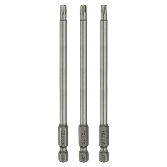 Uxcell 3pcs T25 Torx Head Screwdriver Bit 1/4" Hex Shank 4.3" (110mm) Long Magnetic No Hole Tip 6 Point Star Screw Driver
