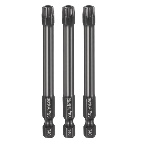Uxcell 3pcs T40 Torx Screwdriver Bit 1/4" Hex Shank 75mm/3" Length S3 Steel Magnetic Tamper Proof Star 6 Point Head Hex Screw Driver Bits, Black
