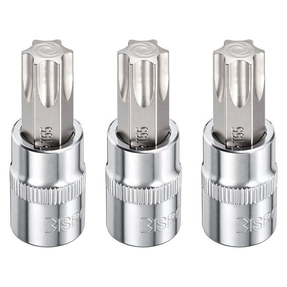 Uxcell 3pcs T55 Torx Bit Socket 3/8" Drive 2" (48mm) Long CR-V Steel 6 Point Star Screw Driver Drill Bit Socket Wrench for Torx Head Screws Bolts, Silver