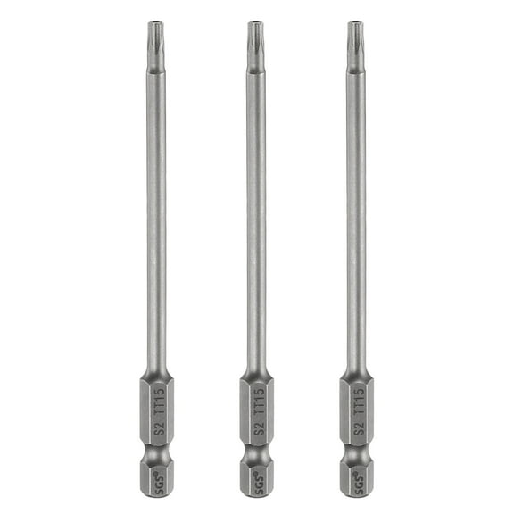 Uxcell 3pcs TT15 Security Torx Head Screwdriver Bit 4" (100mm) Long 1/4" Hex Shank Magnetic Tamper Proof 6 Point Star Screw Driver