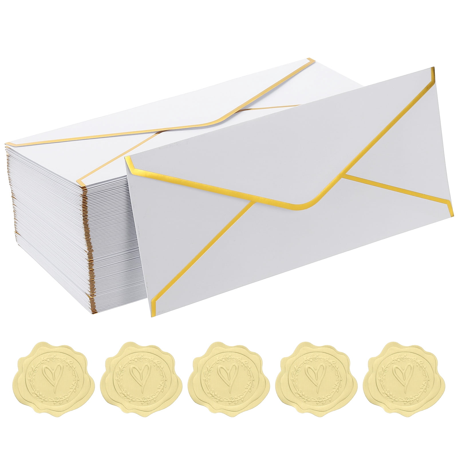 Uxcell 4 1/8 x 9 1/2 Inch Envelopes with Gold Border, 100 Pack V Flap Invitation Business Mailing Envelopes with Gold Stickers for Office Wedding Cards Gift Photos Graduation, White