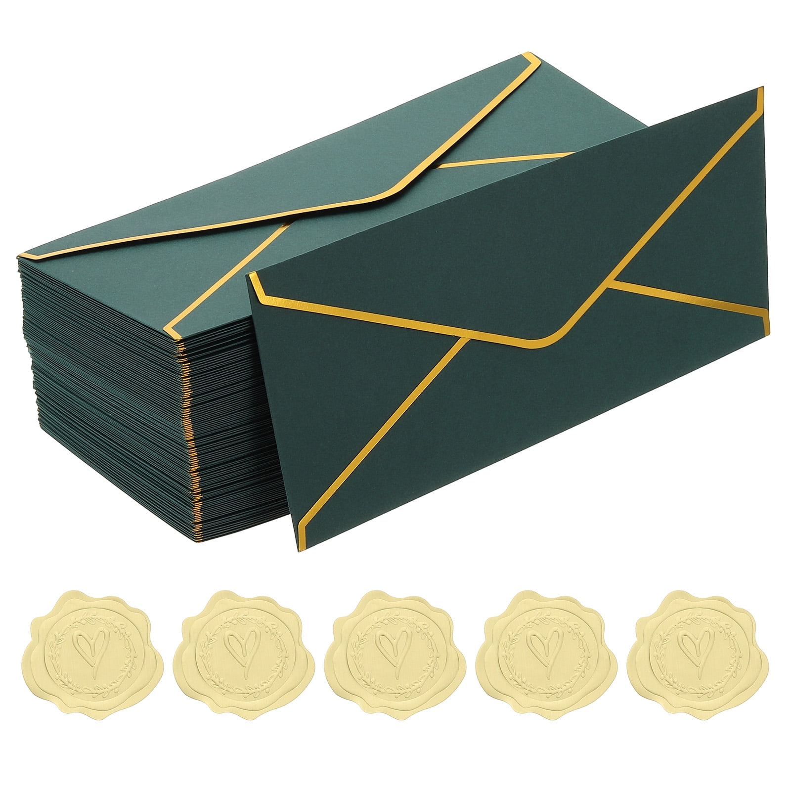 Uxcell 4 1/8 x 9 1/2 Inch Envelopes with Gold Border, 100 Pack V Flap Invitation Business Mailing Envelopes with Gold Stickers for Office Wedding Cards Gift Photos Graduation, Dark Green