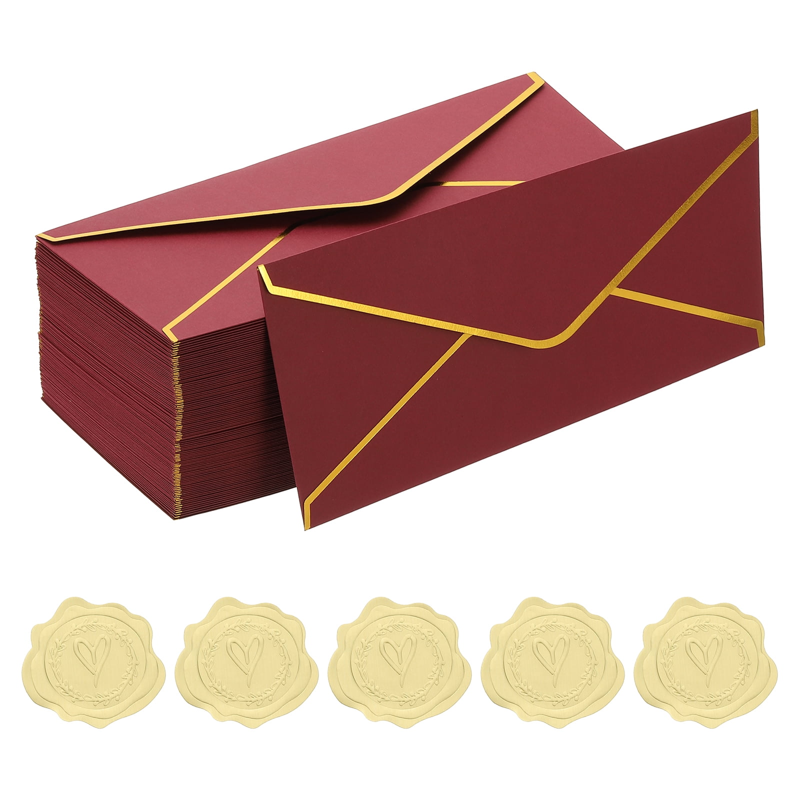 Uxcell 4 1/8 x 9 1/2 Inch Envelopes with Gold Border, 100 Pack V Flap Invitation Business Mailing Envelopes with Gold Stickers for Office Wedding Cards Gift Photos Graduation, Burgundy