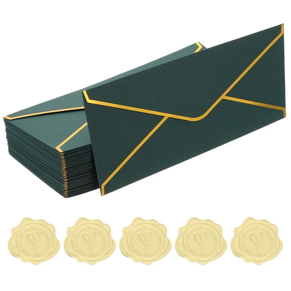 Uxcell 4 1/8 x 9 1/2 Inch Envelopes with Gold Border, 50 Pack V Flap Invitation Business Mailing Envelopes with Gold Stickers for Office Wedding Cards Gift Photos Graduation, Dark Green