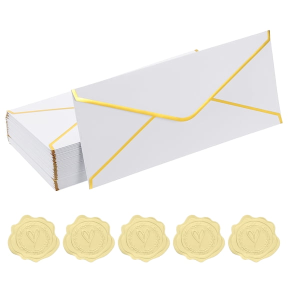 Uxcell 4 1/8 x 9 1/2 Inch Envelopes with Gold Border, 50 Pack V Flap Invitation Business Mailing Envelopes with Gold Stickers for Office Wedding Cards Gift Photos Graduation, White