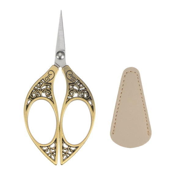 Uxcell 4.3" Stainless Steel Vintage Leaf Scissors with Leather Cover for Embroidery Sewing Bronze Tone