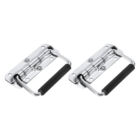 Uxcell 4.3inch Spring Loaded Handle, 2 Pcs Folding Heavy Duty Toolbox Pull Chest Handles With Rubber Surface Mount Folding Grip for Toolbox Chest Case Crates Storage Boxes, Silver Tone